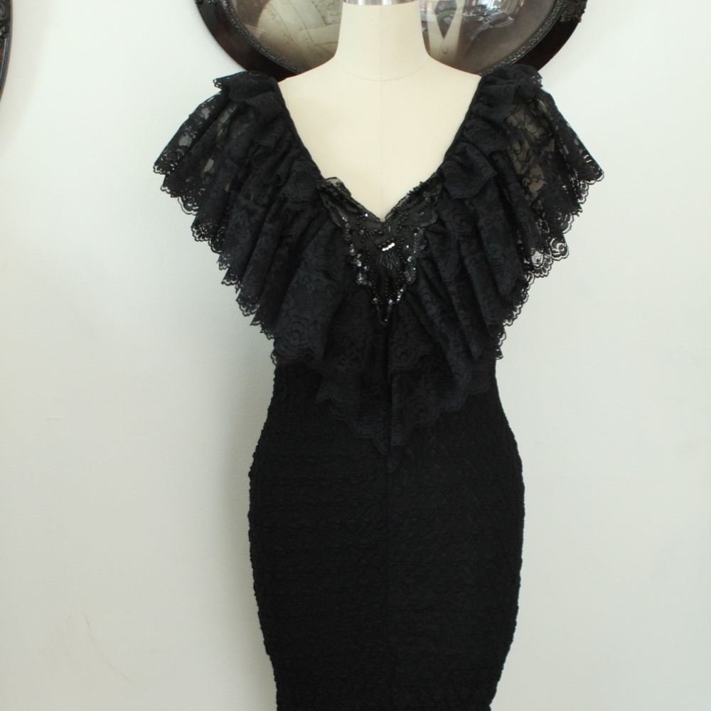 1980's Black Lace and Sequin Ruffle Shoulder Steppin' Out Party Dress